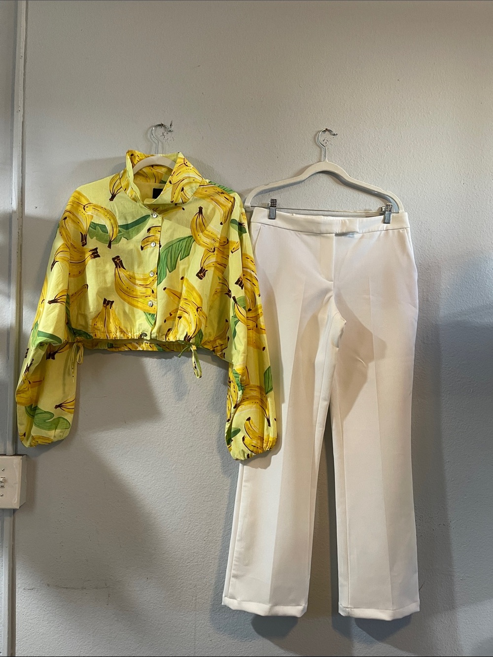 Zara Bright Yellow Banana-Print Cropped Jacket & White Pants Set